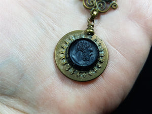 Antique Pocket Watch Fob and Chain with Black French Jet Glass Cameo Pendant Victorian 1800's Original