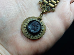 Antique Pocket Watch Fob and Chain with Black French Jet Glass Cameo Pendant Victorian 1800's Original