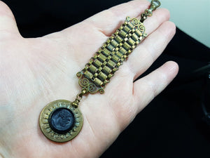 Antique Pocket Watch Fob and Chain with Black French Jet Glass Cameo Pendant Victorian 1800's Original