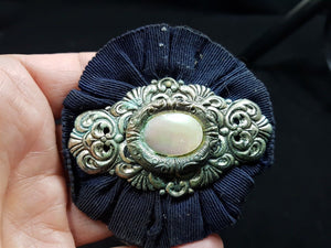 Antique Mother of Pearl Silver Filigree Metal and Ribbon Brooch Pin Victorian 1800's Original