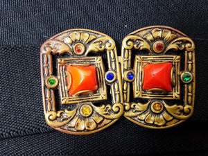 Vintage Black Stretch Belt with Gold Metal Buckle with Rhinestones and Red Stone 1930's Women's Ladies