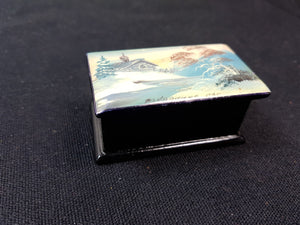Vintage Russian Trinket or Jewelry Box with Hand Painted Winter Landscape Art Painting Lacquer Ware