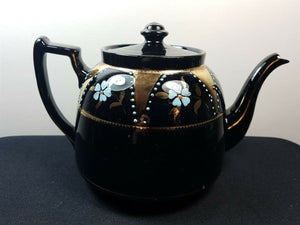 Antique Teapot Gold and Black Ceramic Pottery with Hand Painted Blue Flowers Victorian Original