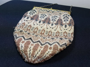Vintage Beaded Hand Bag Purse Art Deco Flapper Evening Formal 1920's Original with Chain Link Top Handle Blue Taupe Silver Grey Beige
