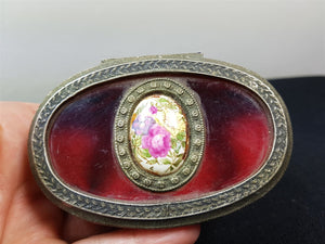Vintage Silver Metal Jewelry Box with Glass Top and Flower Cabochon Lined with Red Velvet