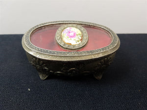 Vintage Silver Metal Jewelry Box with Glass Top and Flower Cabochon Lined with Red Velvet