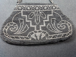 Vintage Beaded Hand Bag Purse Evening Formal Black and Silver Beads 1920's - 1930's