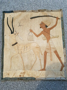 Antique Wall Hanging Panel with Deer and Hunter Man Original Art Hand Stitched Cloth  Hand Made