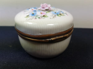 Vintage Jewelry or Trinket Box or Powder Jar Ceramic Pottery and Brass Metal with Hand Painted Ceramic Flowers Dated 1922