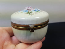 Load image into Gallery viewer, Vintage Jewelry or Trinket Box or Powder Jar Ceramic Pottery and Brass Metal with Hand Painted Ceramic Flowers Dated 1922
