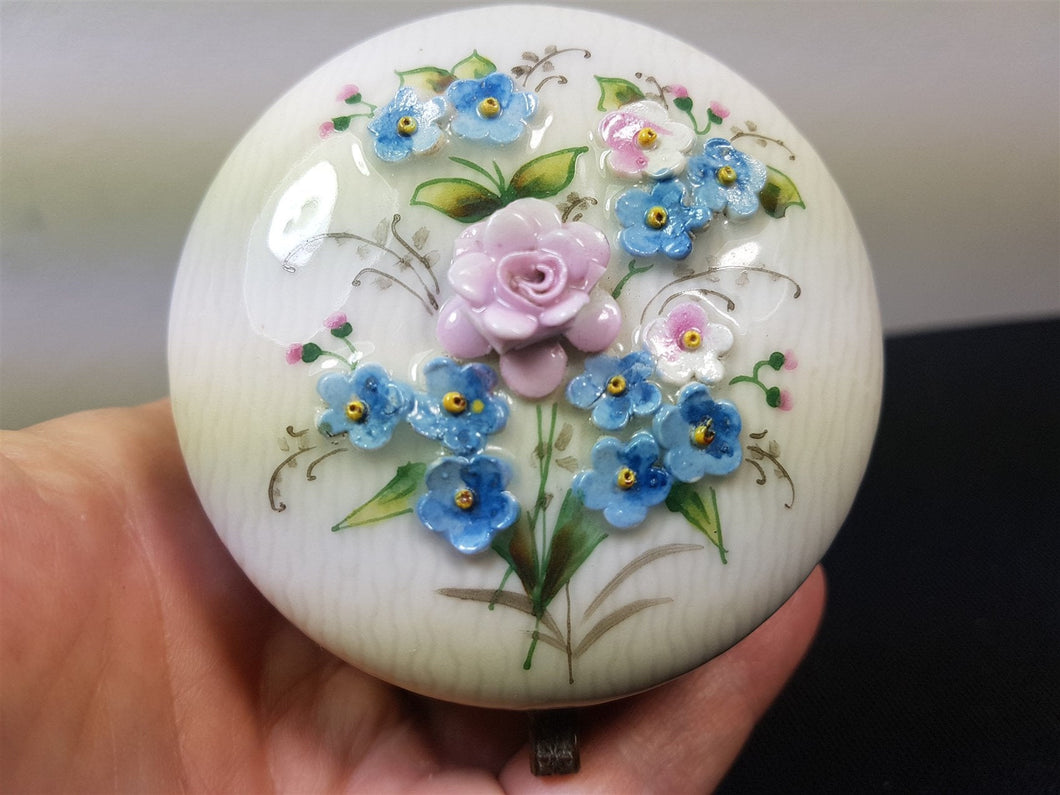 Vintage Jewelry or Trinket Box or Powder Jar Ceramic Pottery and Brass Metal with Hand Painted Ceramic Flowers Dated 1922