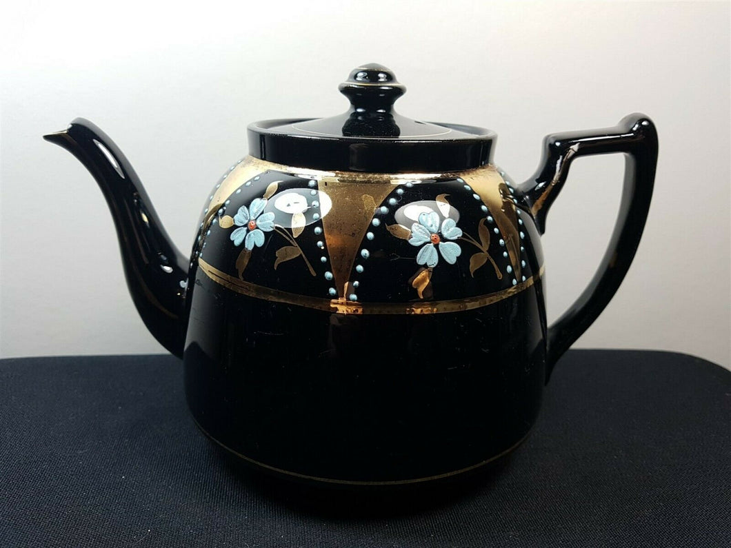 Antique Teapot Gold and Black Ceramic Pottery with Hand Painted Blue Flowers Victorian Original