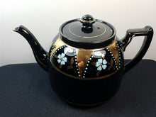 Load image into Gallery viewer, Antique Teapot Gold and Black Ceramic Pottery with Hand Painted Blue Flowers Victorian Original
