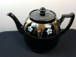 Antique Teapot Gold and Black Ceramic Pottery with Hand Painted Blue Flowers Victorian Original