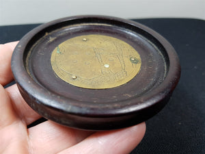 Antique Wood and Brass Metal Coin Jewelry or Pin Tray Dish Round Hand Tooled Hand Made Original Late 1800's Wooden
