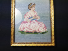 Load image into Gallery viewer, Antique Needlepoint Tapestry Girl in Pink Dress Portrait in Gold Gilt Frame Hand Made Original Needle Petite Point Embroidery Embroidered

