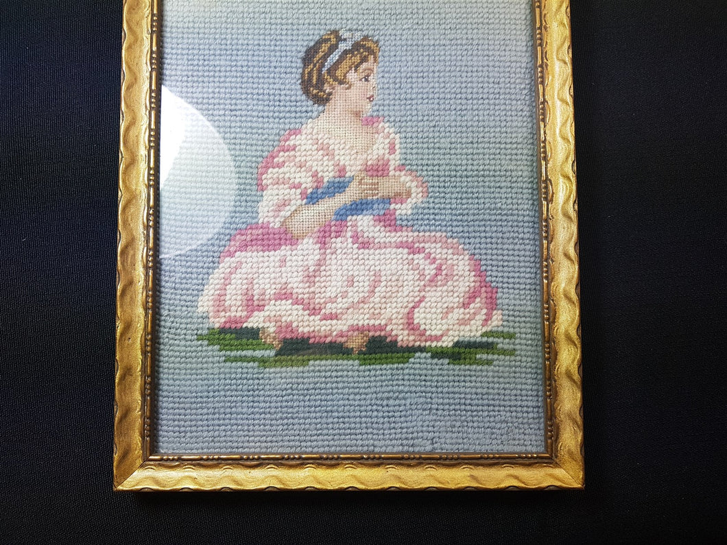 Antique Needlepoint Tapestry Girl in Pink Dress Portrait in Gold Gilt Frame Hand Made Original Needle Petite Point Embroidery Embroidered