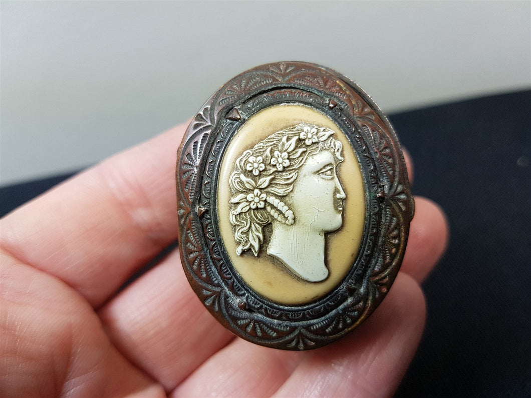 Antique Pill Box Jewelry or Trinket Cameo Copper and Brass Metal Celluloid Hand Etched Victorian Edwardian Late 1800's - Early 1900's Oval
