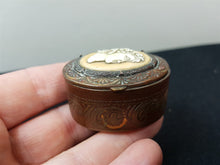 Load image into Gallery viewer, Antique Pill Box Jewelry or Trinket Cameo Copper and Brass Metal Celluloid Hand Etched Victorian Edwardian Late 1800&#39;s - Early 1900&#39;s Oval
