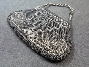 Vintage Beaded Hand Bag Purse Evening Formal Black and Silver Beads 1920's - 1930's