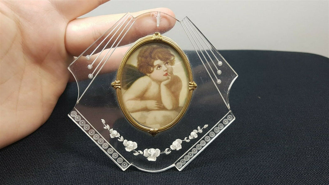Vintage Cherub Angel Painting Miniature Original Art in Intaglio Frame Art Deco