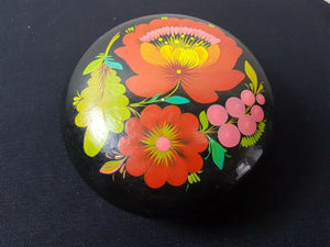 Vintage Russian Box Hand Painted Round for Powder Jewelry Trinket Black with Hand Painted Flowers Black Orange Pink Red Green 1929 Original