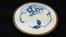 Load image into Gallery viewer, Antique French Tile Trivet Stand Blue and White Ceramic Pottery and Silver Metal with Cherries Early 1900&#39;s
