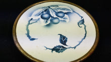 Load image into Gallery viewer, Antique French Tile Trivet Stand Blue and White Ceramic Pottery and Silver Metal with Cherries Early 1900&#39;s
