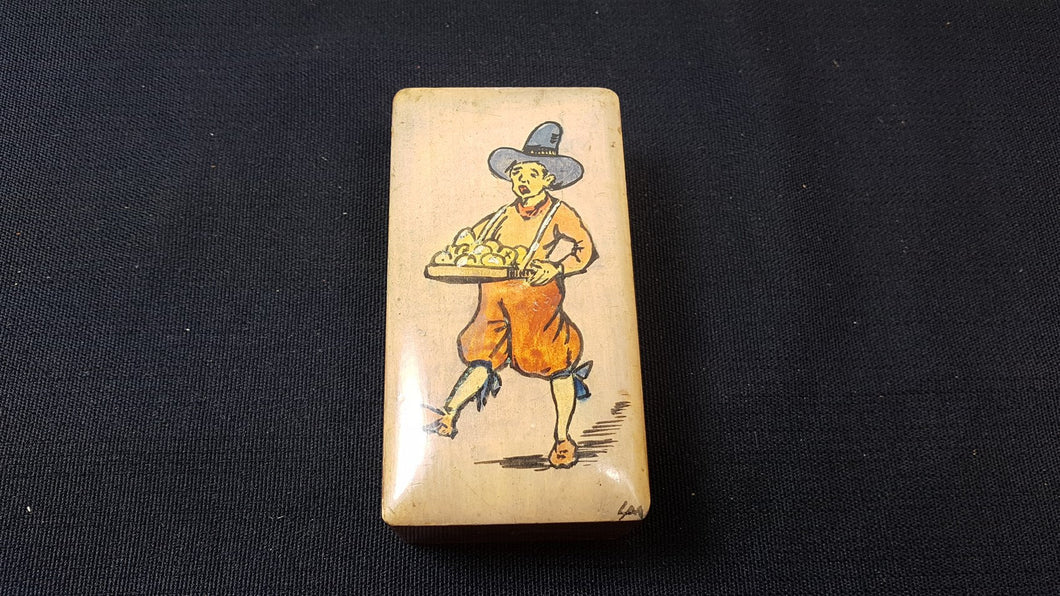 Vintage Wooden Trinket or Jewelry Box with Hand Painted Boy Portrait Pen Work 1920's - 1930's Original
