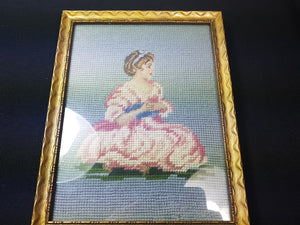 Antique Needlepoint Tapestry Girl in Pink Dress Portrait in Gold Gilt Frame Hand Made Original Needle Petite Point Embroidery Embroidered