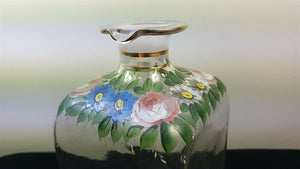 Vintage Glass Decanter Bottle Clear with Hand Painted Flowers 1930's Original