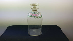 Vintage Glass Decanter Bottle Clear with Hand Painted Flowers 1930's Original