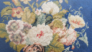 Antique Needlepoint Tapestry of Basket of Flowers in Gold Gilt Frame Late 1800's - Early 1900's Hand Made Original Floral Needle Point