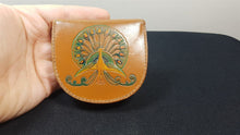 Load image into Gallery viewer, Vintage Brown Leather Coin Change Purse Wallet Hand Tooled with Peacock Bird Hand Made in England
