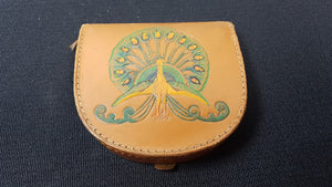 Vintage Brown Leather Coin Change Purse Wallet Hand Tooled with Peacock Bird Hand Made in England