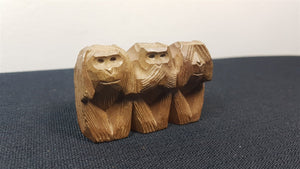 Vintage Three Monkey's Wood Carving Sculpture Figurine Hand Carved Wooden Hear See Speak No Evil Hand Made Original