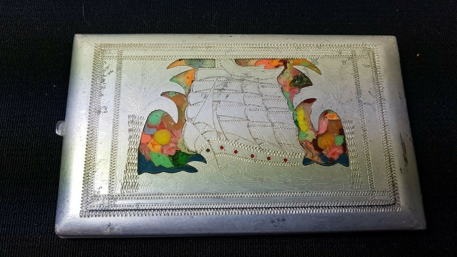 Antique Cigarette Case Aluminum Metal Trench Art Silver Metal Hand Etched  Vintage