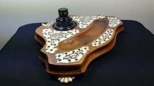 Load image into Gallery viewer, Antique Fountain Pen Desk Stand and Inkwell Ink Bottle Desktop Set Wood and Celluloid Victorian 1800&#39;s Original
