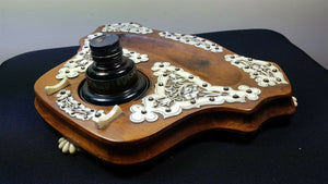 Antique Fountain Pen Desk Stand and Inkwell Ink Bottle Desktop Set Wood and Celluloid Victorian 1800's Original