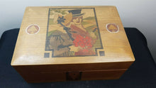 Load image into Gallery viewer, Antique Wooden Jewelry or Trinket Box with Inlaid Wood Portrait of Man and Lady Inlay Wooden Vintage Late 1800&#39;s - Early 1900&#39;s Original
