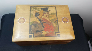 Antique Wooden Jewelry or Trinket Box with Inlaid Wood Portrait of Man and Lady Inlay Wooden Vintage Late 1800's - Early 1900's Original
