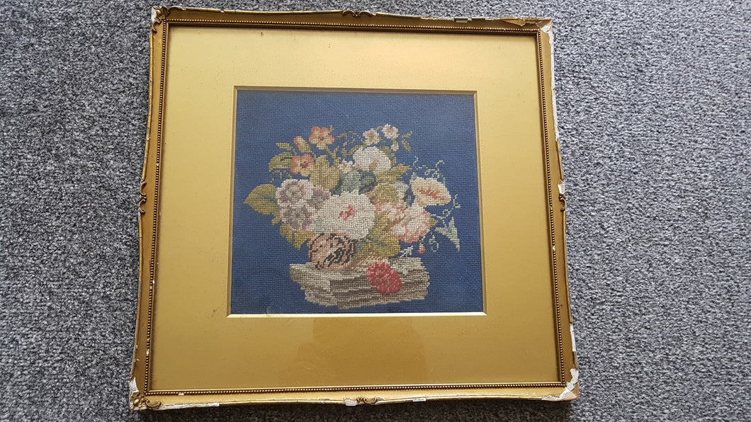 Antique Needlepoint Tapestry of Basket of Flowers in Gold Gilt Frame Late 1800's - Early 1900's Hand Made Original Floral Needle Point