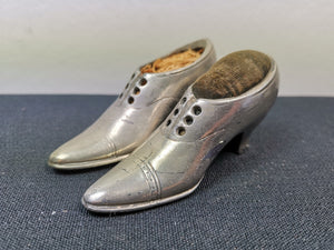 Antique Victorian Pincushion Shoes Miniature Silver Metal Straw Filled Late 1800's Pair Set of 2 Ladies Heels Pincushions Pin Cushions