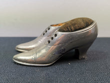Load image into Gallery viewer, Antique Victorian Pincushion Shoes Miniature Silver Metal Straw Filled Late 1800&#39;s Pair Set of 2 Ladies Heels Pincushions Pin Cushions
