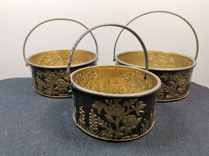 Vintage Nesting Baskets Bowls Brass Metal with Flower Relief Set of 3 Round 1940's Original