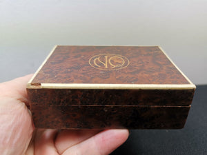Antique Burl or Burr Wood Jewelry or Trinket Box Late 1800's - Early 1900's Original Wooden Inlaid NQ and Cow Bone Inlay Victorian