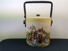 Load image into Gallery viewer, Vintage Lancaster and Sons Biscuit Barrel Cookie Jar Ceramic Pottery with Lid and Wicker Top Handle Illustrated 1920&#39;s Original Art Deco
