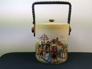 Vintage Lancaster and Sons Biscuit Barrel Cookie Jar Ceramic Pottery with Lid and Wicker Top Handle Illustrated 1920's Original Art Deco