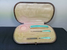 Load image into Gallery viewer, Vintage Art Deco Sterling Silver and Enamel Manicure Nail Set in Original Case 1920&#39;s Green Guilloche England English Hallmark Hallmarked
