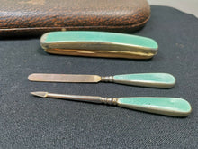 Load image into Gallery viewer, Vintage Art Deco Sterling Silver and Enamel Manicure Nail Set in Original Case 1920&#39;s Green Guilloche England English Hallmark Hallmarked
